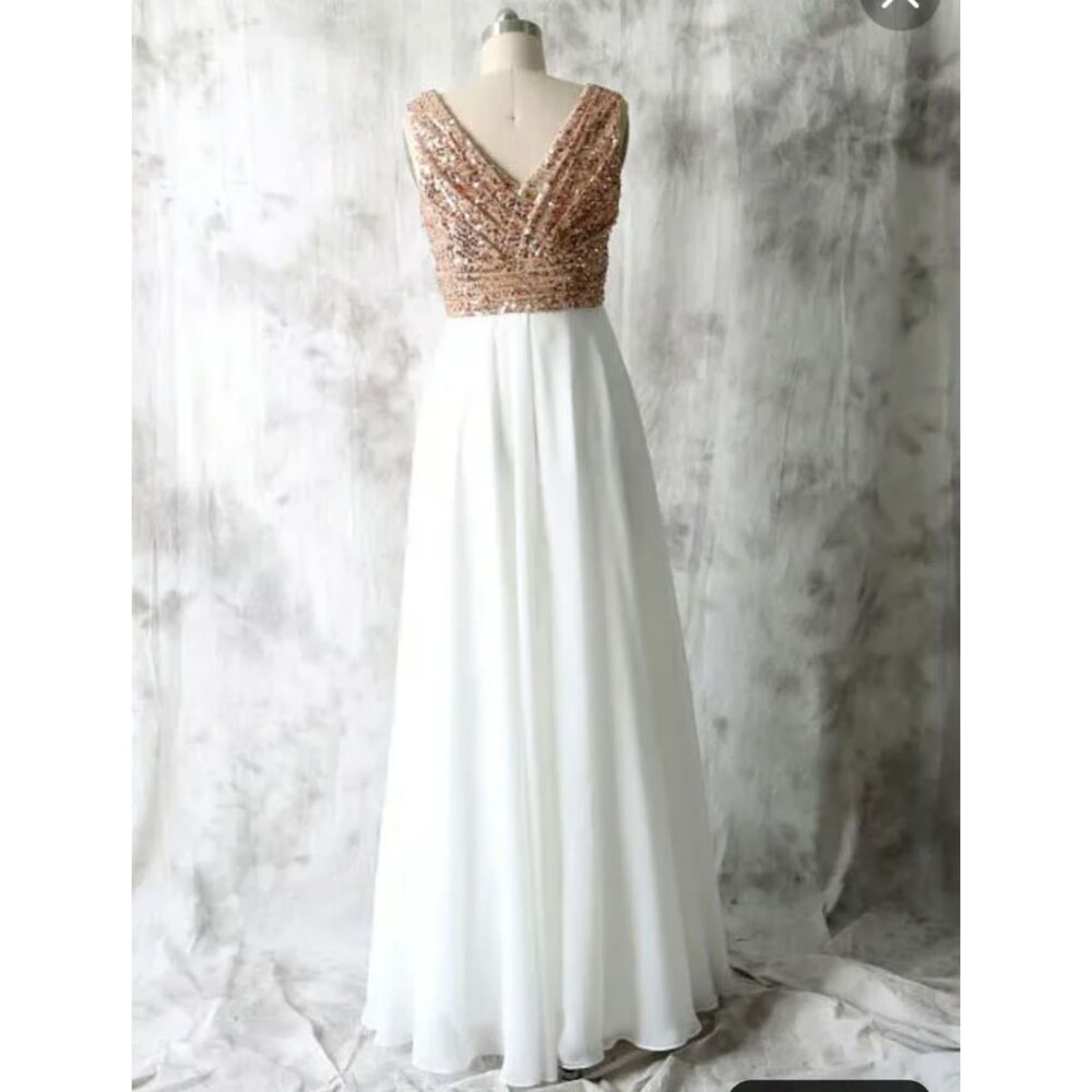 Wedding Prom Dress Rose Gold and White sz 16 Sequence Floor Length Formal Gown